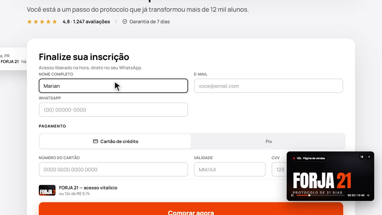 Checkout da Maisfy com campos de inscrição e VSL flutuante durante a compra