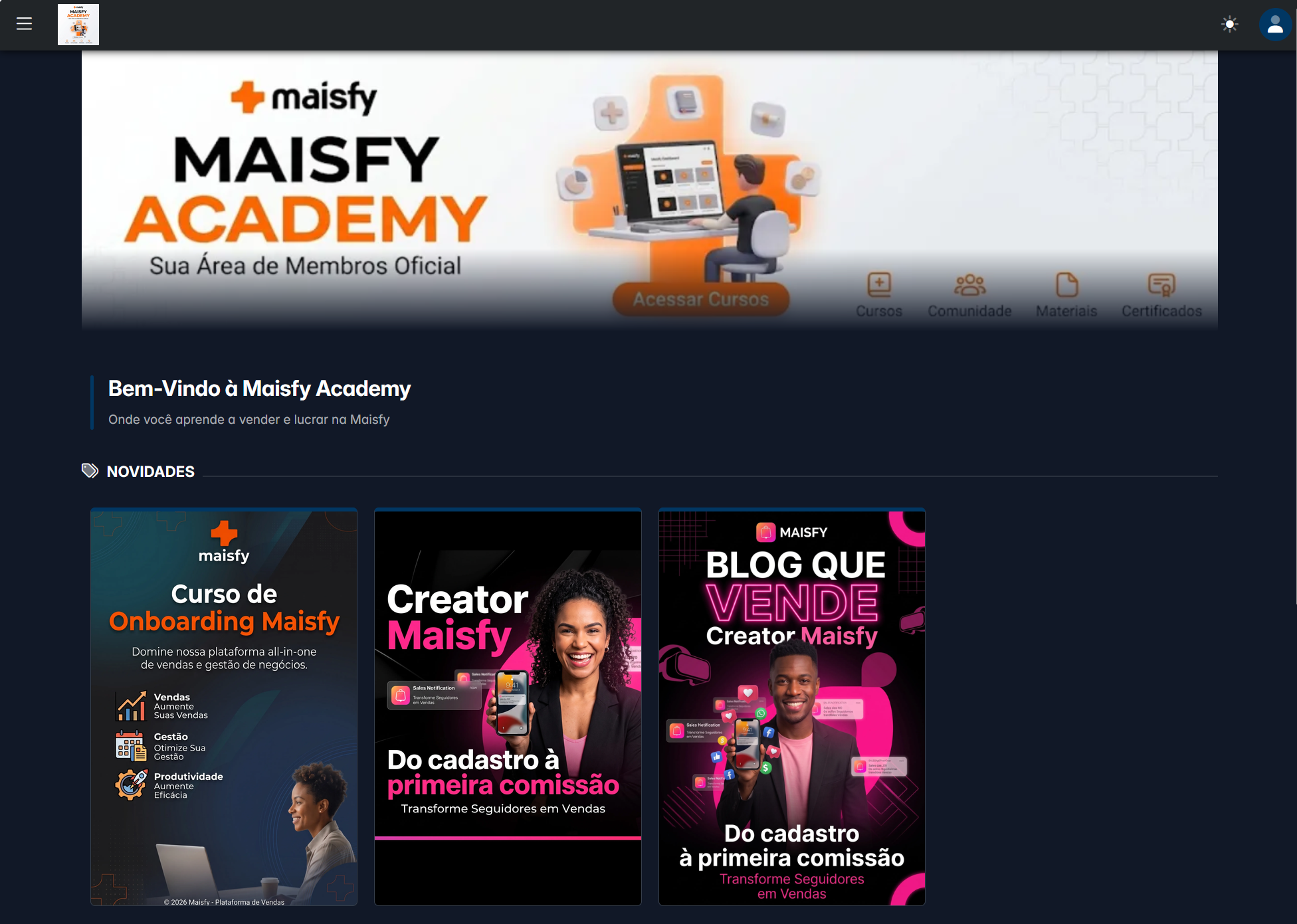 Vitrine da Maisfy Academy com o banner de boas-vindas e os cursos disponíveis